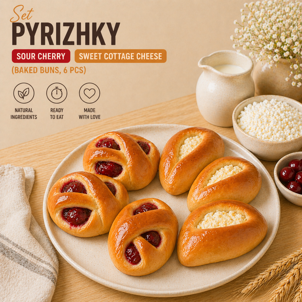 Pyrizhky - Cherry & Sweet Cottage Cheese Baked Buns Set – (6 pcs)🔥